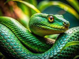 Fototapeta premium Green Tree Snake Coils in Low Light - High Detail Stock Photo