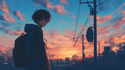 Fototapeta premium A boy in a hoodie and backpack standing at dusk with a small town in the background