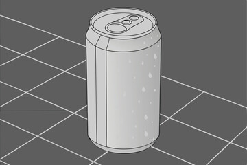 Aluminum soda can, metallic texture, reflective surface, cylindrical shape, beverage container, 3D render, studio lighting, gray background, grid pattern floor, product photography, realistic details,