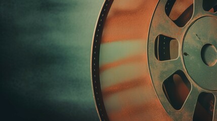 A close-up of a vintage film reel featuring rusted orange and green tones, with a cinematic texture