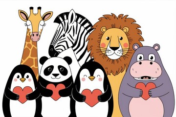 Obraz premium Adorable Animals Holding Hearts Displaying Affection
