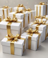 Obraz premium Close-up of white and gold gift boxes with glittery ribbon, Christmas, wrap, bow
