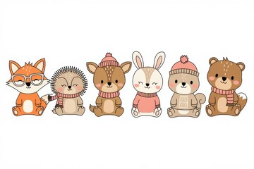 Obraz premium Adorable woodland animals wearing winter attire sitting together
