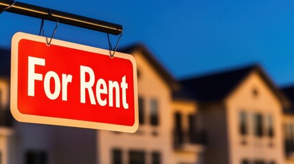 A bright "For Rent" sign hangs in front of a residential building, indicating available rental properties in the area.