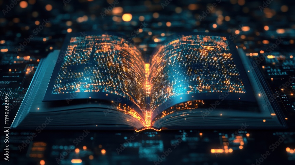 Poster an open book emitting glowing digital data, symbolizing knowledge and technology.