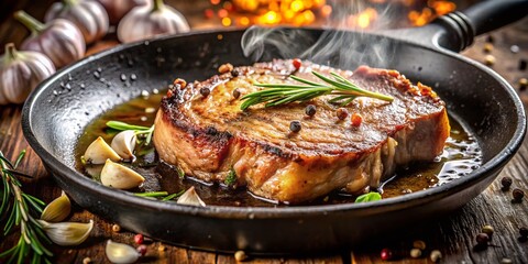 Fototapeta premium Sizzling Pork Chop Steak Bone-in Frying Pan Closeup - Tasty Dinner Food Photography