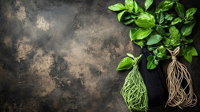 Fresh Basil Herbs in Eco-Friendly Bags, Sustainable Food Concept
