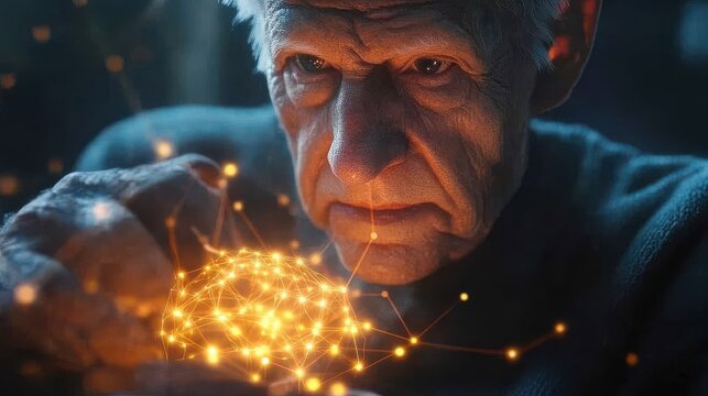 Dynamic energy information flow synaptic mapping brain signals and connectivity grid elderly man with glowing neural brain symbolizing active cognitive functions and neural stimulation