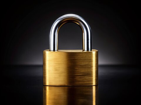 Sleek Black Background Brass Padlock Panoramic Security Minimalist Photo