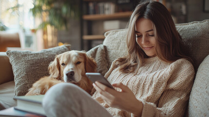 Young woman relaxing on a cozy sofa with a golden retriever while browsing her smartphone in a warm and inviting living room setting