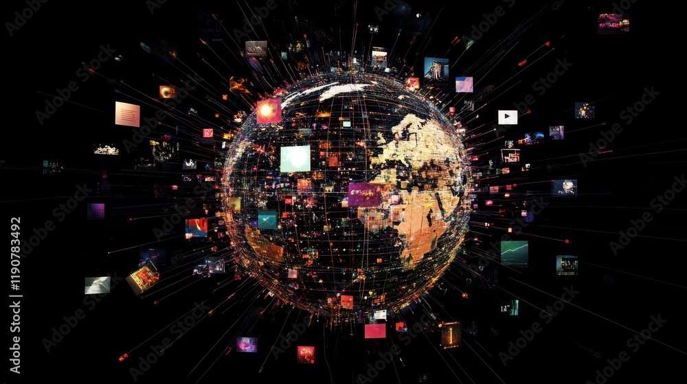 Poster abstract digital globe with global network connections and images of media content floating around i