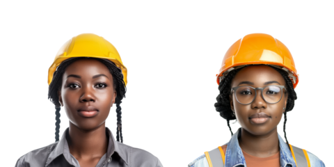 Two african american female construction workers wearing safety helmets isolated on transparent background