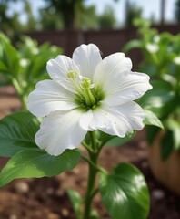 Close-up of white flower blooming on green pepper plant in garden bed in spring, garden, fresh, agriculture, growth, spring