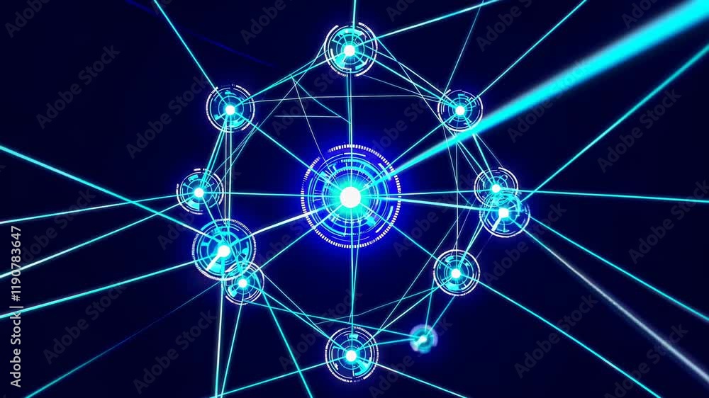 Poster exploring the intricate connections of a digital network illuminated by blue lights in a futuristic 