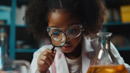 African American girl scientists learning science and looking germs. and bacteria through magnifying glass in classroom or laboratory. Scientific experiment. Early development of children