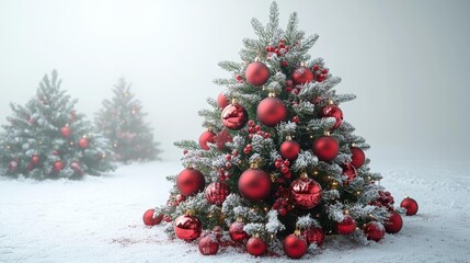 Elegant Christmas Tree with Red Ornaments in Snowy Landscape. Generative AI