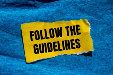 Follow the guidelines message written on ripped torn yellow paper piece with blue background. Conceptual follow the guidelines symbol. Copy space.