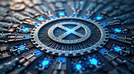 Obraz premium Intricate design showcasing a circular pattern with technological elements illuminated in blue light
