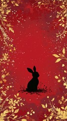 Obraz premium Minimalist Easter Design Featuring a Silhouette of a Rabbit Against a Red Background with Floral Elements for Chinese New Year Celebrations