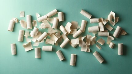 Scattered book pages on a teal surface