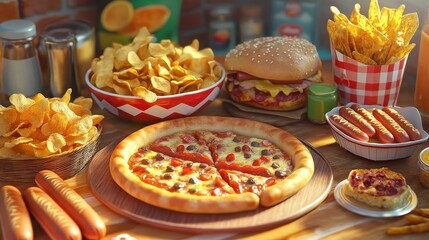 Fototapeta premium An indulgent spread of processed foods featuring pizza, hot dogs, crispy chips, and french fries, perfect for comfort food