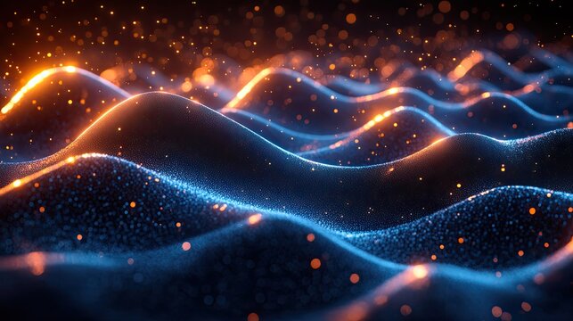 Neon sound waves flow across a dark background, symbolizing frequency, data transfer, and technology