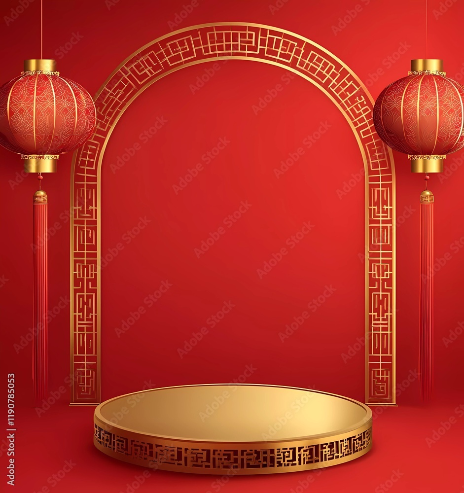 Poster vector image with a red background and golden decorations, paper-cut lanterns, and a gold chinese pa