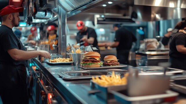 A busy fast food kitchen with employees preparing orders, assembling burgers, and frying fries, Fast food kitchen, behind the scenes