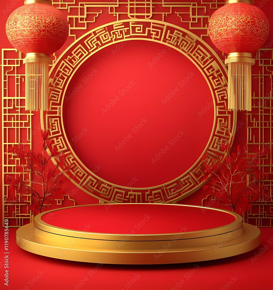 Poster vector image with a red background and golden decorations, paper-cut lanterns, and a gold chinese pa