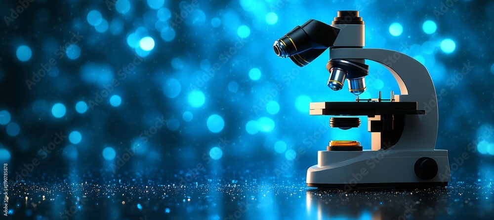 Poster laboratory research microscope on a reflective surface with a sparkling blue background