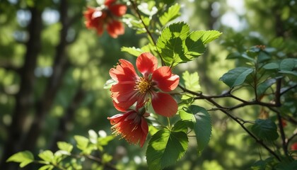 Close-up of wild rosehip flower in dappled shade of trees, floral arrangement, wild