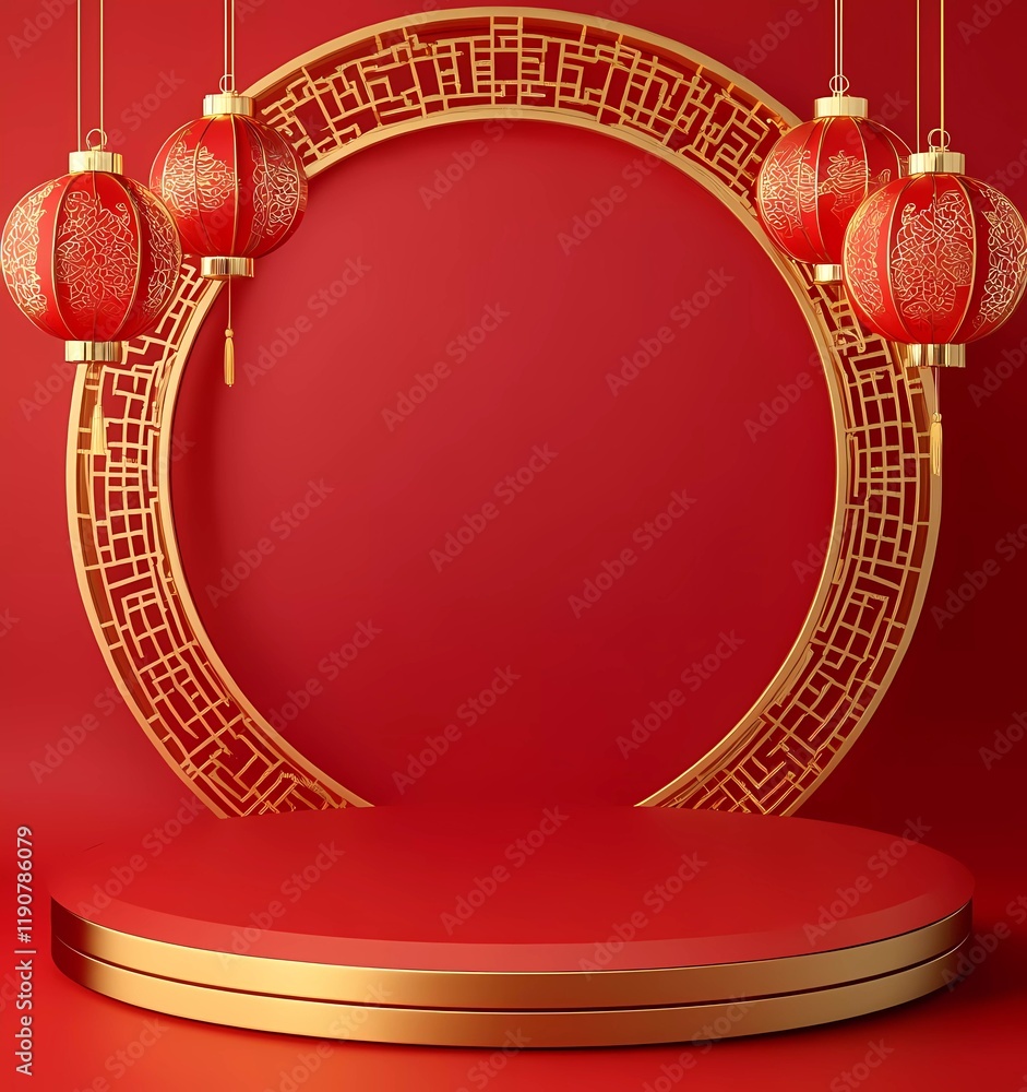 Poster vector image with a red background and golden decorations, paper-cut lanterns, and a gold chinese pa