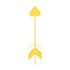 Golden lovely cupid arrow with heart isolated on white background. Happy Valentine's day greeting card design. Hand drawn vector illustration in flat style. Concept of love, date, relations, symbol