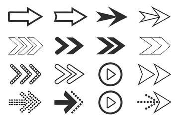 Black and white arrow icons, directional symbols, minimalist graphic design, vector illustrations, various arrow shapes, curved arrows, straight arrows, dotted arrows, bold arrows, thin arrows, circul