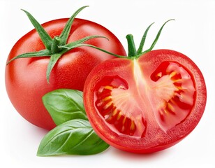 "Isolated tomatoes, whole and sliced, with basil leaves on a white background, perfect for food ads and recipes."
