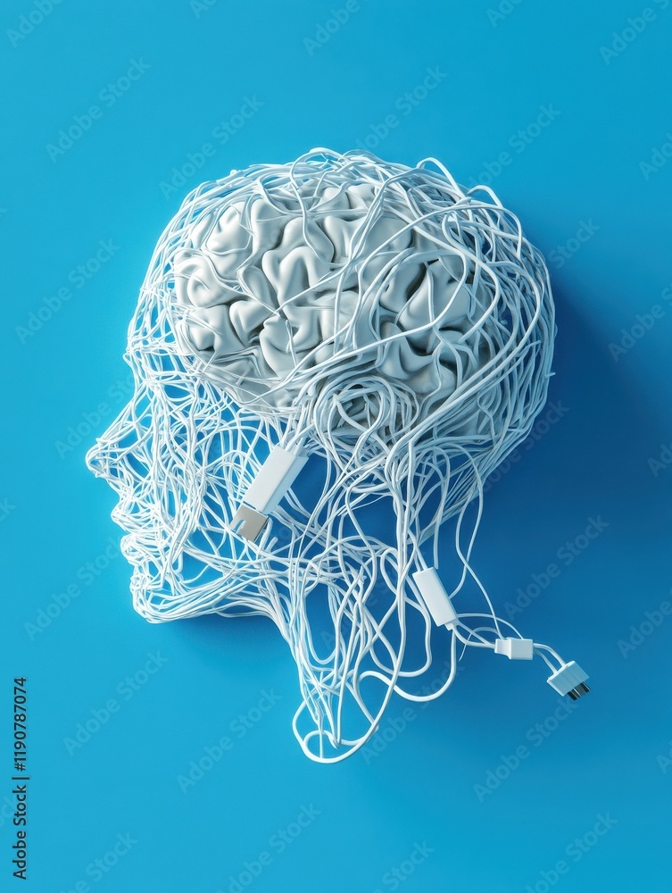 Aufkleber abstract head and brain scribble outline made of usb cable on wide blue background with mock up plac