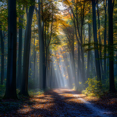 Obraz premium Sunbeams illuminate a path through an autumn forest. Golden leaves carpet the ground, creating a magical scene.