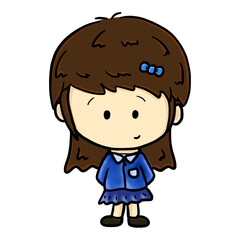 Cartoon school girl in blue uniform illustration, standing girl isolated character design
