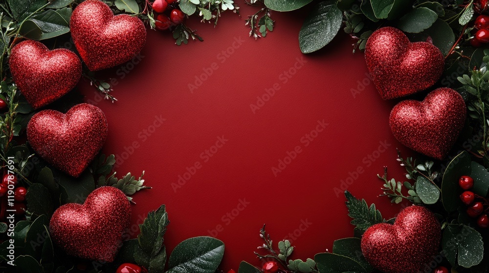 Poster red background filled with multiple red hearts in various sizes and shapes for romantic themes valen