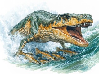 Prehistoric predator hunting fish in ocean waves; educational illustration