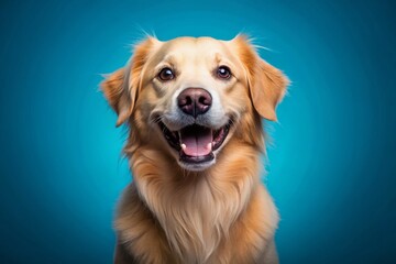 Fototapeta premium Happy Smiling Dog Blue Background - Pet Photography Stock Photo