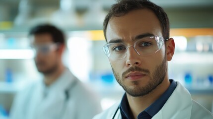 Fototapeta premium Portrait of medical doctors looking at camera inside laboratory hospital during coronavirus outbreak - Focus on right man face