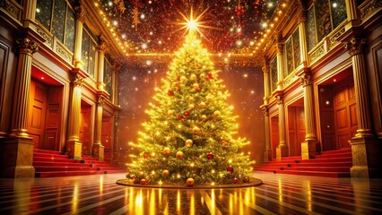 Sparkling Golden Christmas Tree on Red Background - Festive Holiday Stock Photo