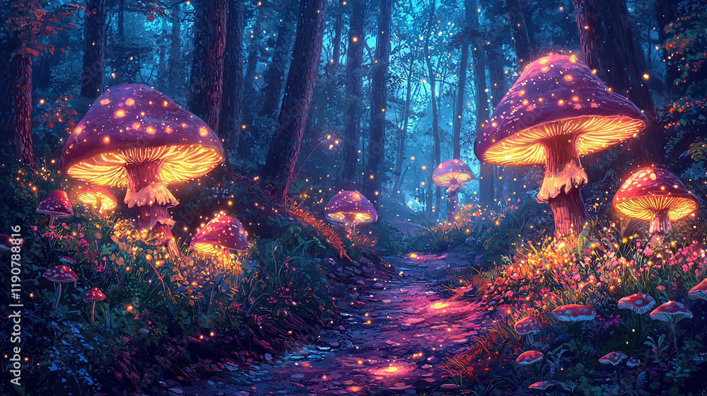Poster enchanting glowing mushroom path in a mystical forest at night.