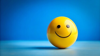 Fototapeta premium Happy Yellow Smiley Ball on Blue Background - Fun Stock Photo