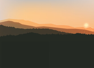 Vector landscape, sunset scene in nature with mountains and forest, silhouettes of trees and hills in the evening