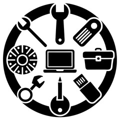 Remote Work Tools and Devices Silhouette WFH mug desk icon email phone