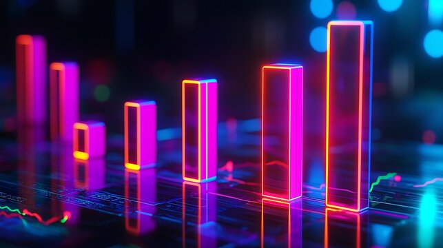 Financial performance bar graph glowing in neon.