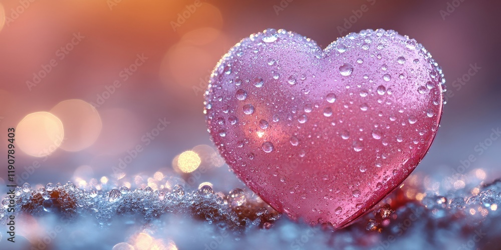 Poster pink heart shaped object with water droplets on a smooth surface creating a romantic and fresh atmos
