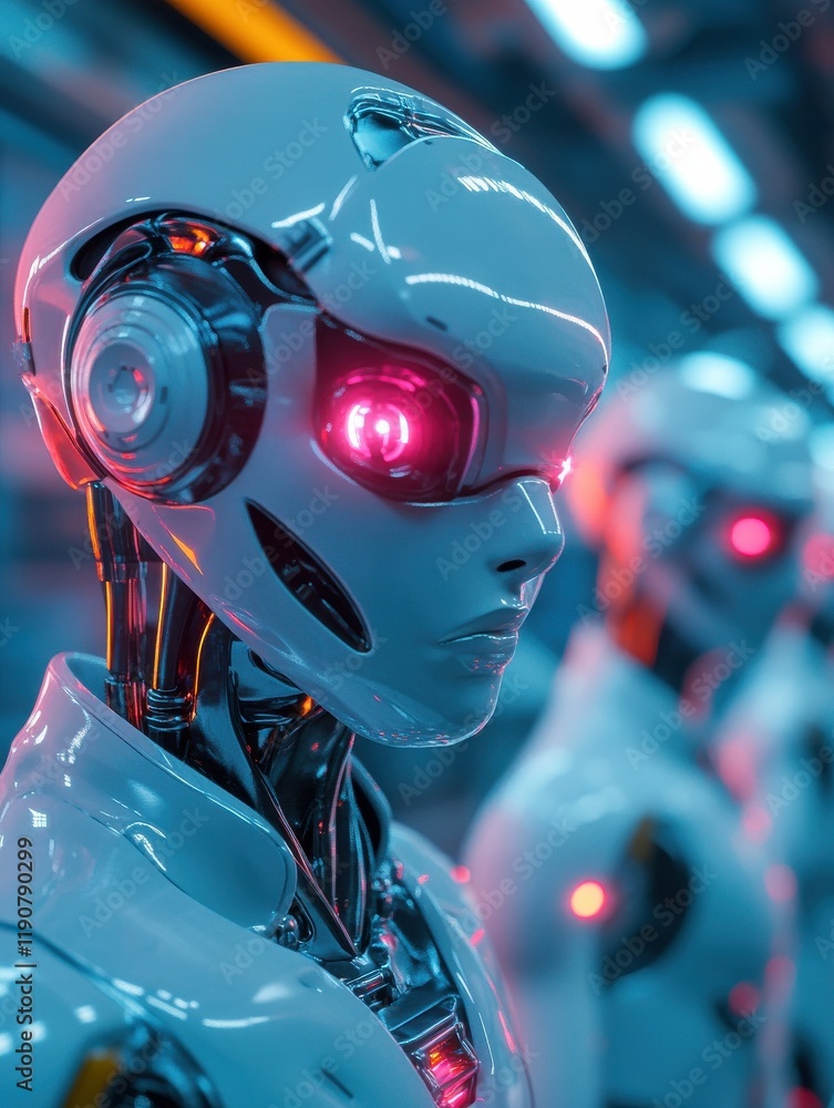Poster robotic creatures with glowing eyes in a modern technological facility showcase advanced automation 